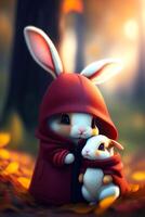 schattig konijn in rood jas en wit konijn in de herfst Woud. ai gegenereerd foto