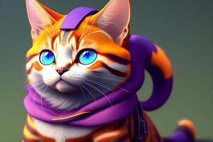 grappig kat met blauw ogen in een Purper sjaal. 3d weergave. ai gegenereerd foto