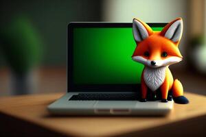 schattig weinig vos zittend Aan een laptop met een groen scherm. ai gegenereerd foto