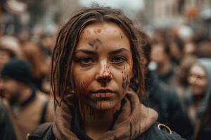 jong vrouw in een protesteren menigte. de menigte verzameld naar protest. generatief ai foto