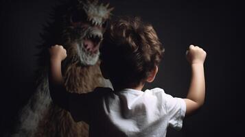 geconfronteerd angsten, dapper kind confronteert nachtmerries en denkbeeldig monsters. generatief ai foto