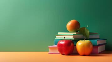 boeken gestapeld Aan een houten bureau in voorbereiding voor terug naar school- seizoen. generatief ai foto