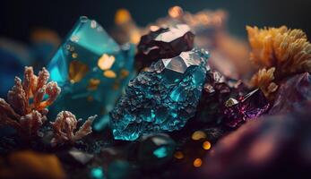 detailopname van mooi Kristallen met stralend schijnen en uniek vorming. generatief ai foto