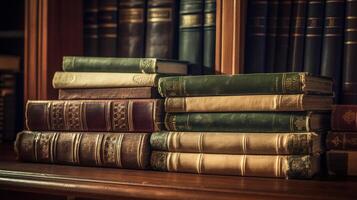 een stack van antiek leer boeken in een wijnoogst bibliotheek. generatief ai foto