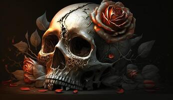 schedel met rozen. menselijk schedel in mooi bloemen. halloween afbeeldingen. dag van de dood. generatief ai foto