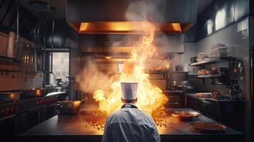 de meester chef in actie, creëren culinaire magie temidden van rook en vlammen in de restaurant keuken. generatief ai foto