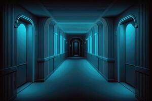 ai gegenereerd nacht club leeg kamer interieur. tunnel of gang blauw neon achtergrond. foto