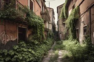 postapocalyptisch stad groen straat. genereren ai foto