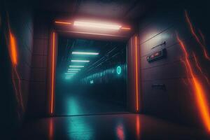 futuristische wetenschap fictie achtergrond met tunnel en neon licht balken. generatief ai foto