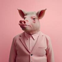 mode zwijn varken in pak. roze monochroom portret. generatief ai foto