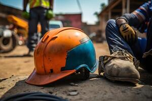 bouw arbeider Holding een veiligheid helm. neurale netwerk ai gegenereerd foto