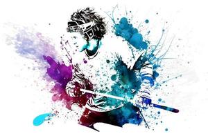 sportman spelen hockey Aan waterverf regenboog plons. neurale netwerk gegenereerd kunst foto