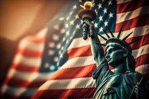 standbeeld van vrijheid Aan de achtergrond van de Amerikaans vlag. democratie en vrijheid concept. neurale netwerk ai gegenereerd kunst foto