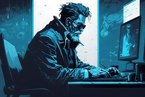 hacker in een blauw hoody staand in voorkant van een code achtergrond. neurale netwerk ai gegenereerd foto