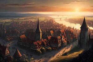 zonsopkomst in oud Europese stad landschap. neurale netwerk ai gegenereerd foto