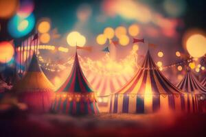 nacht visie van een circus tenten en veel licht lampen met wazig achtergrond. neurale netwerk ai gegenereerd foto
