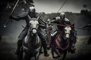 episch slagveld legers van middeleeuws ridders vechten met Zwaarden. neurale netwerk ai gegenereerd foto