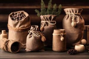 Kerstmis en nieuw jaar geschenk dozen en decoraties, eco vriendelijk modieus nul verspilling verpakking. neurale netwerk ai gegenereerd foto