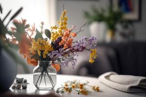 interieur ontwerp met bloemen in vaas. illustratie ai generatief foto