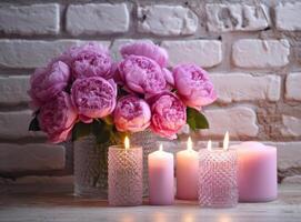 roze bloemen met kaarsen. illustratie ai generatief foto
