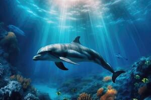 mooi dolfijnen onder de zee . ai gegenereerd foto