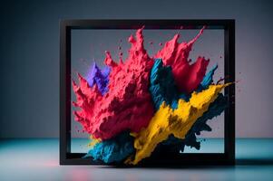 abstract poeder kleur kader explosie achtergrond met spatten, voor weergeven Product, ai gegenereerd foto