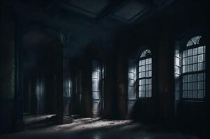 een achtervolgd oud gebouw van de binnen, een angstaanjagend visie met duisternis en afm lichten met ramen, ai gegenereerd foto