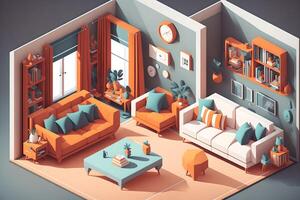 3d illustratie isometrische laag poly leven kamer schattig ontwerp. kamer omvat bank, koffie tafel, ramen, gordijn, klok, kader en andere meubilair, ai gegenereerd foto