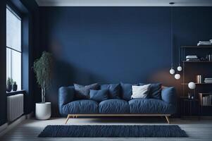 modern leven kamer interieur met blauw bank, kussens, en lamp Aan een donker blauw muur ai gegenereerd foto