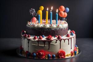 verjaardag taart met kaarsen en bloemen en een veel van decoraties, viering concept, ai gegenereerd foto