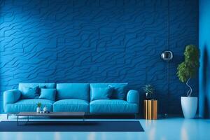 3d renderen beeld van modern leven kamer interieur ontwerp en blauw muur structuur achtergrond, ai gegenereerd foto