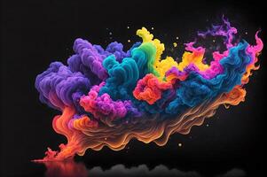 abstract kleurrijk inkt explosie in water geïsoleerd Aan zwart achtergrond met reflectie, ai gegenereerd foto