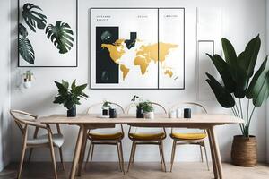 met een bespotten omhoog poster kaart, stoelen met een gedeeld tafel ontwerp, een goud pedant lamp, en een aantrekkelijk stoel, dining kamer is modieus en uniek. wit muren en hardhout vloeren, ai gegenereerd foto