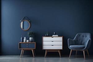 interieur commode met stoel en decor, donker blauw muur bespotten omhoog achtergrond, 3d weergave, ai gegenereerd foto