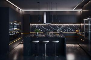 modern keuken interieur, luxe decor voor een keuken met LED licht, meubilair decoratie, modieus zwart stijl voor de interieur keuken, ai gegenereerd foto