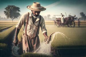 boer gieter zijn planten. neurale netwerk ai gegenereerd foto