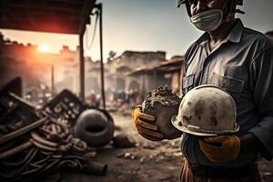 bouw arbeider Holding een veiligheid helm. neurale netwerk ai gegenereerd foto