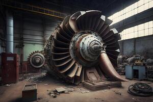 arbeiders in elkaar zetten en construeren gas- turbines in een modern industrieel fabriek. neurale netwerk ai gegenereerd foto