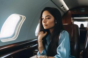 portret van een geslaagd meisje in een privaat Jet. neurale netwerk ai gegenereerd foto