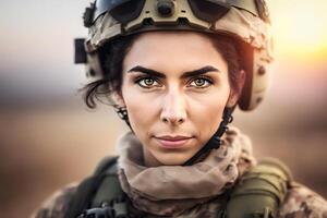 mooi vrouw soldaat portret. neurale netwerk ai gegenereerd foto