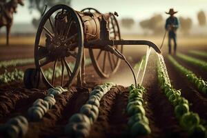 boer gieter zijn planten. neurale netwerk ai gegenereerd foto