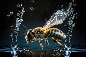 honing bij met water druppels detailopname. neurale netwerk ai gegenereerd foto