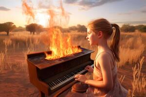 meisje spelen de piano De volgende naar de brand. neurale netwerk ai gegenereerd foto