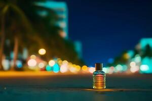 parfum fles Aan de achtergrond van de nacht neon stad. neurale netwerk ai gegenereerd foto