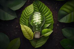 licht lamp tegen natuur Aan groen doorbladert energie bronnen voor hernieuwbaar, duurzame ontwikkeling. ecologie concept. neurale netwerk ai gegenereerd foto