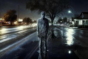 eng zombie Aan de weg van de nacht stad. neurale netwerk ai gegenereerd foto