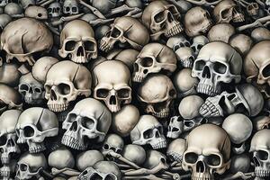 muur van menselijk botten en schedels in een catacombe. neurale netwerk ai gegenereerd foto