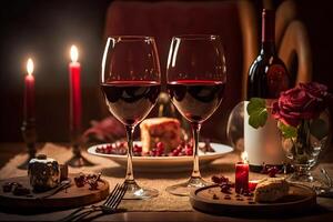 bril van rood wijn in een restaurant. romantisch diner. neurale netwerk ai gegenereerd foto