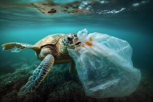 onderwater- concept van globaal probleem met plastic onzin drijvend in de oceanen. karetschildpad schildpad in onderschrift van plastic tas. neurale netwerk ai gegenereerd foto