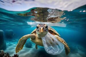 onderwater- concept van globaal probleem met plastic onzin drijvend in de oceanen. karetschildpad schildpad in onderschrift van plastic tas. neurale netwerk ai gegenereerd foto